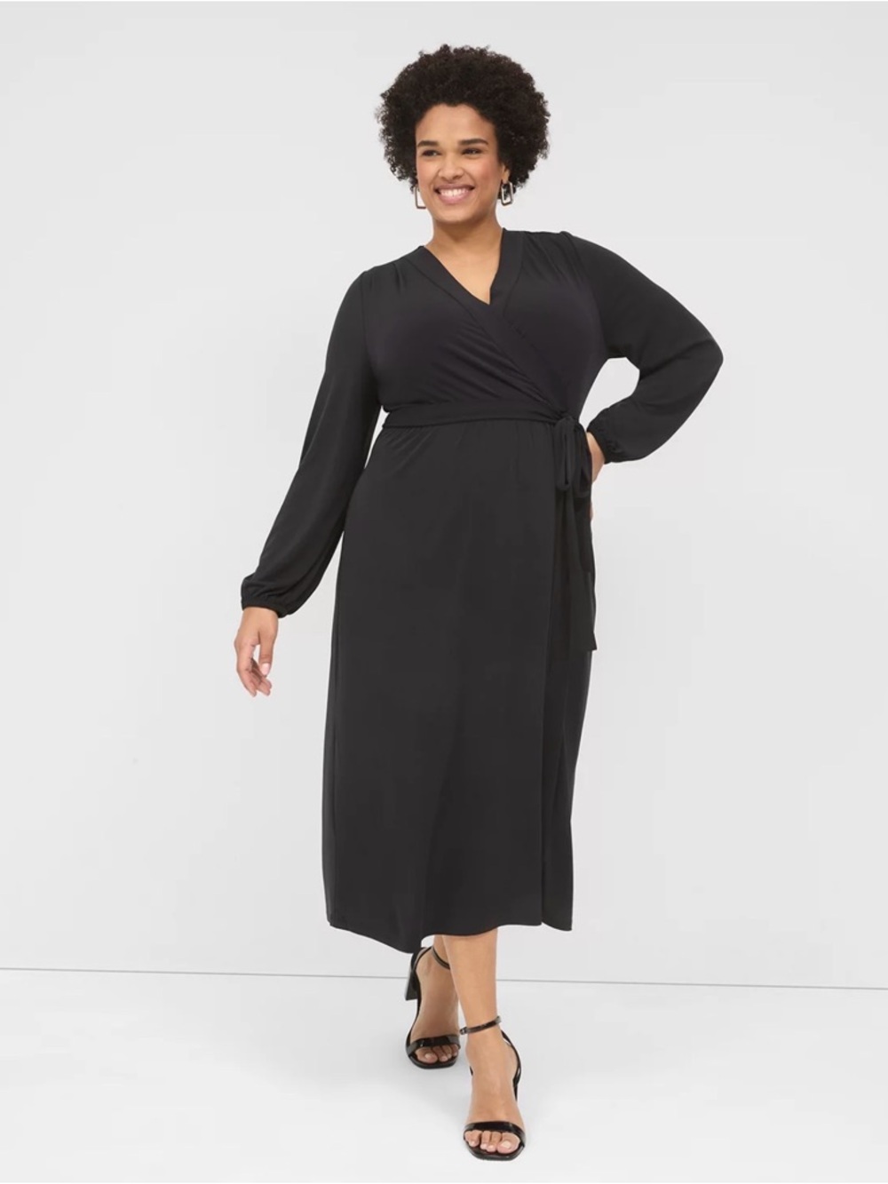 Lane Bryant Black Long-Sleeve Faux-Wrap Jersey Midi Dress 14/16P
